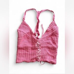 American‎ Eagle Outfitters Pink Crochet Crop Top with Lace Up Back